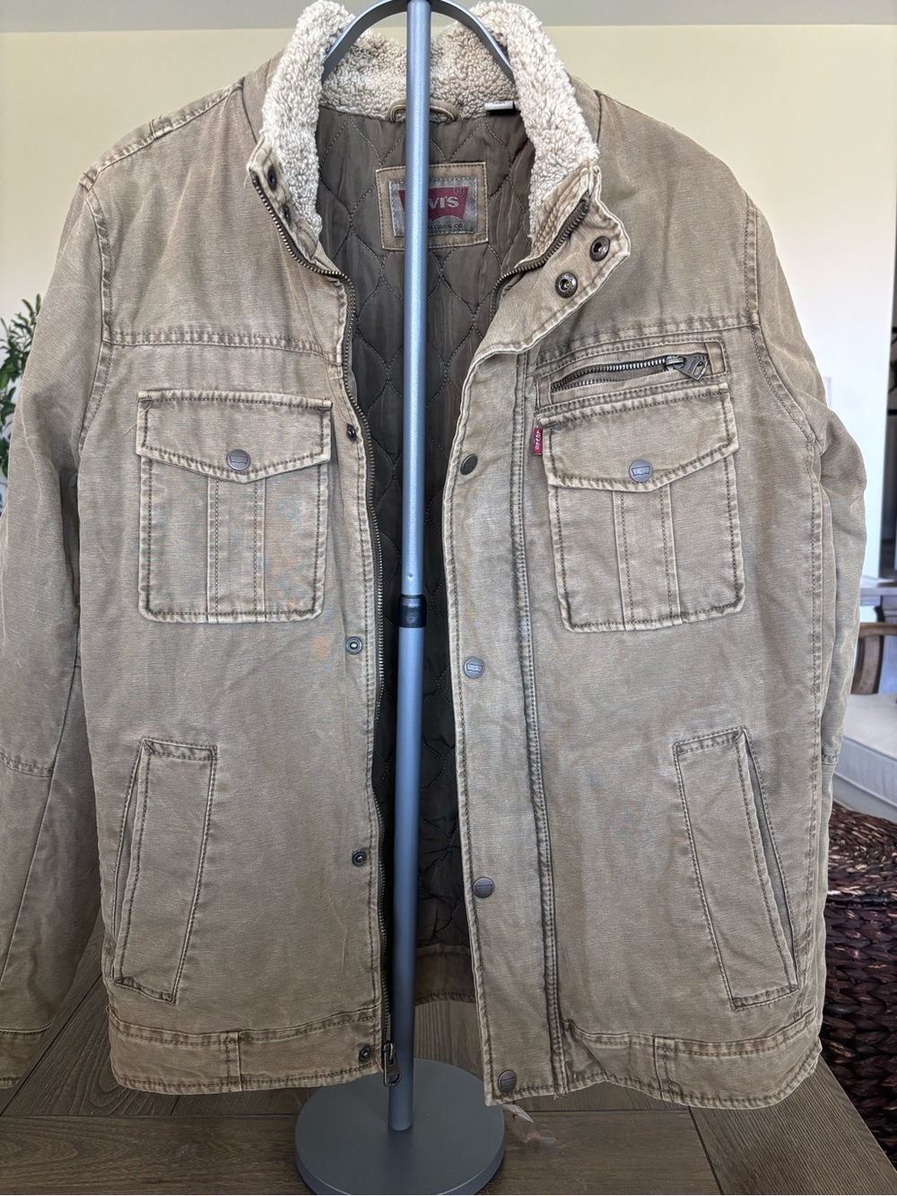 Levi’s Men’s Small Olive Canvas Utility Jacket, Sherpa Collar, Quilted Lining